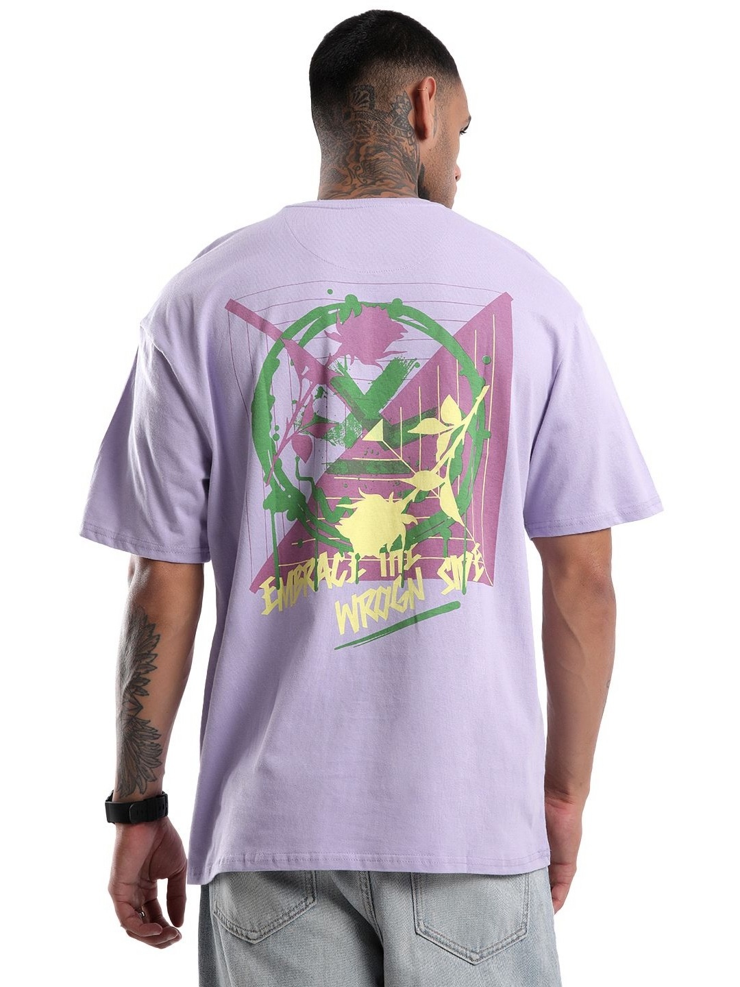 

WROGN Men Graphic Printed Round Neck Pure Cotton Oversized T-shirt, Purple