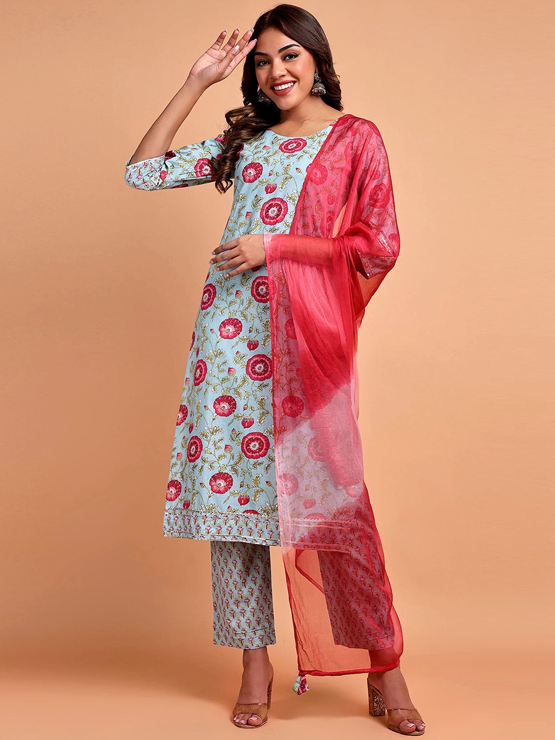 

Vastara the Label Floral Printed Organic Cotton Straight Kurta With Trousers & Dupatta, Blue
