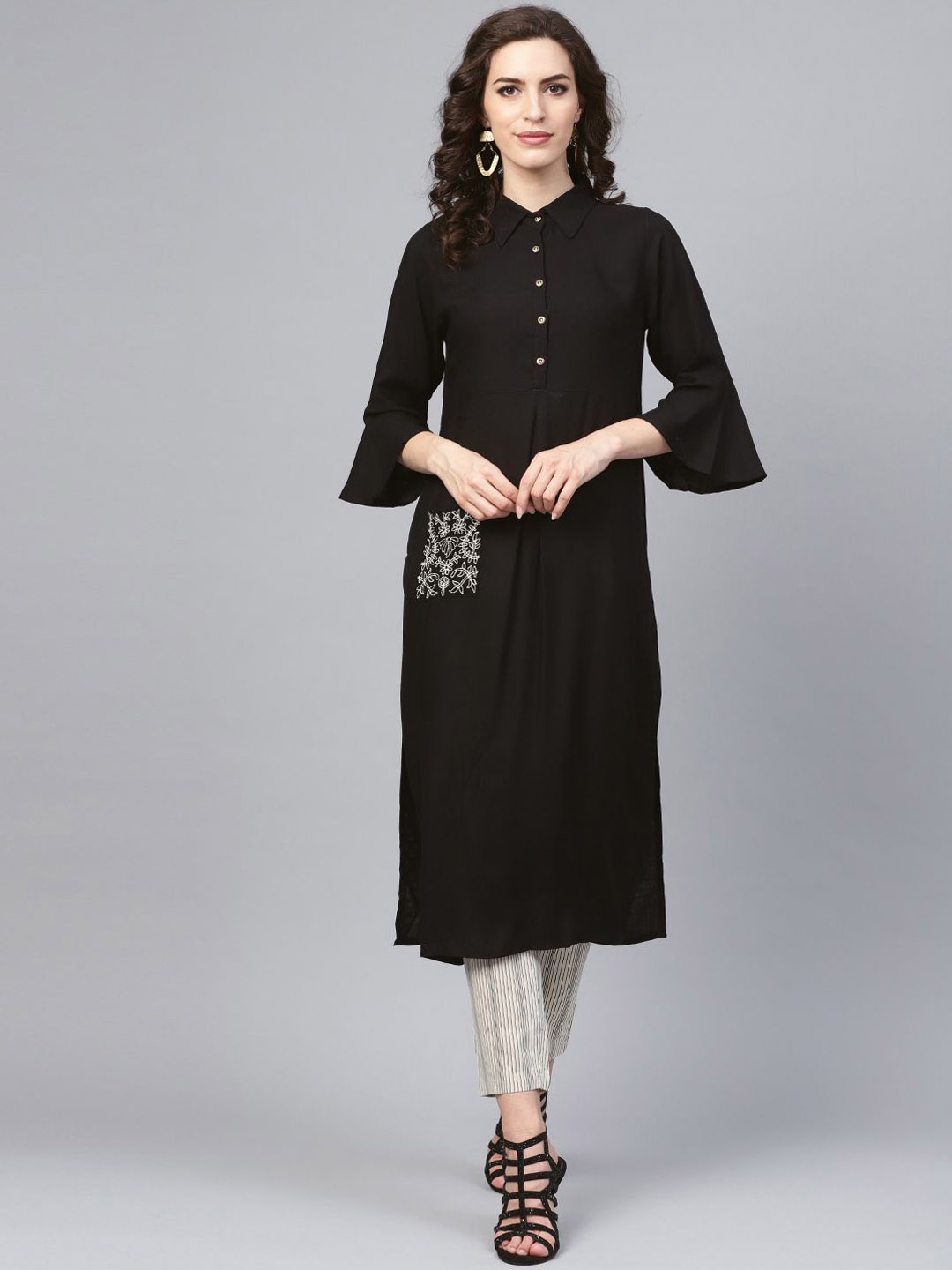 

Anouk Shirt Collar Flared Sleeves Straight Kurta, Black