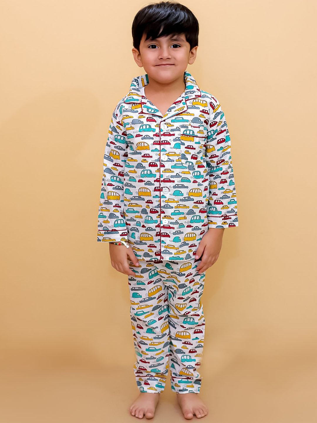 

Biglilpeople Unisex Kids Geometric Printed Lapel Collar Night suit, White