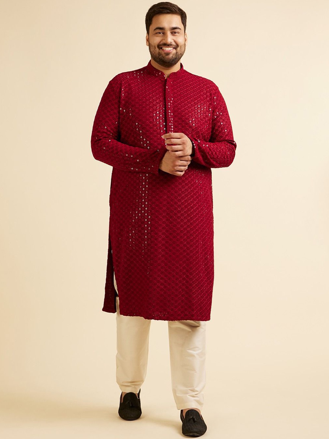 

Manyavar Plus Size Flora Embroidered Mandarin Collar Regular Sequinned Kurta With Pyjama, Maroon