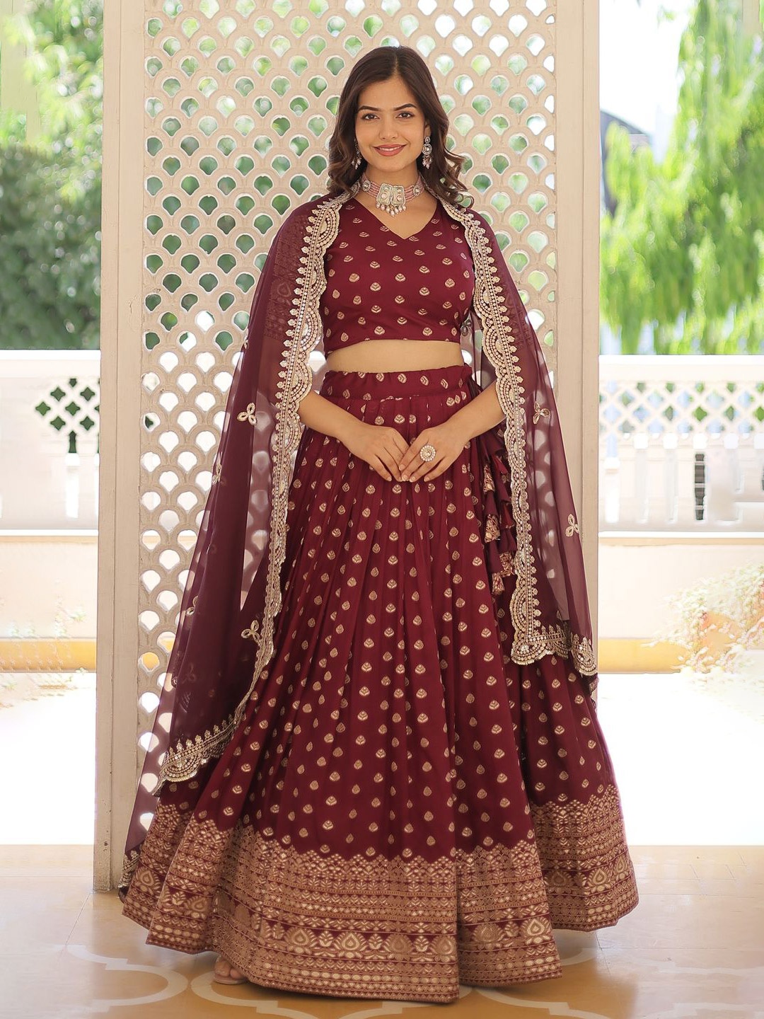 

KALINI Embroidered Sequinned Ready to Wear Lehenga & Unstitched Blouse With Dupatta, Maroon