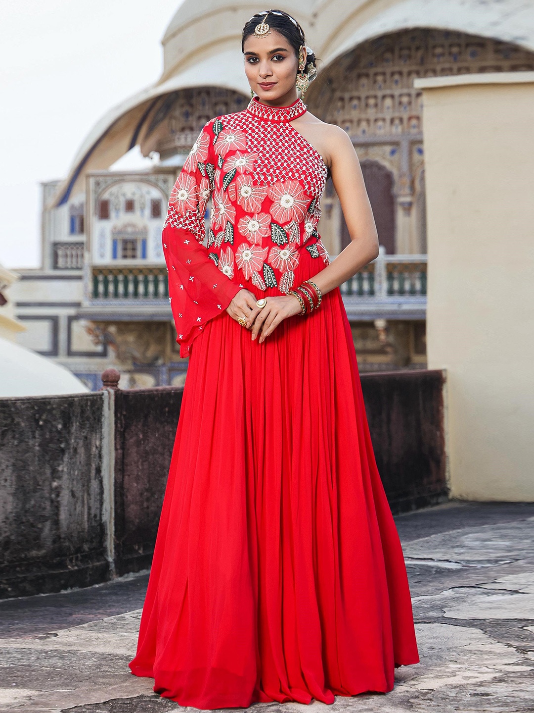 

SCAKHI Embellished Gathered One Shoulder Ethnic Dress, Red