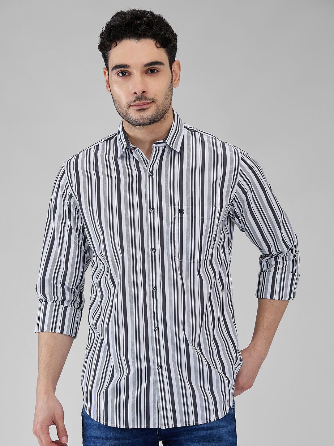 

Raymond Men Spread Collar Multi Striped Cotton Slim Fit Casual Shirt, Grey