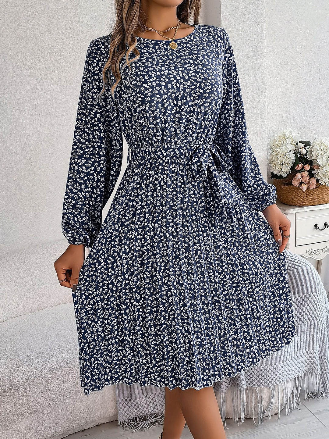 

HERE&NOW Floral Print Puff Sleeve Fit & Flare Midi Dress, Navy blue