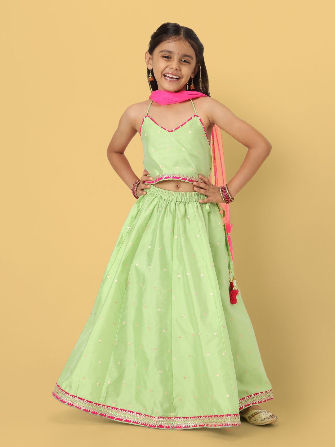 

Nautinati Girls' Printed Sleeveless Lehenga Set with Dupatta, Green