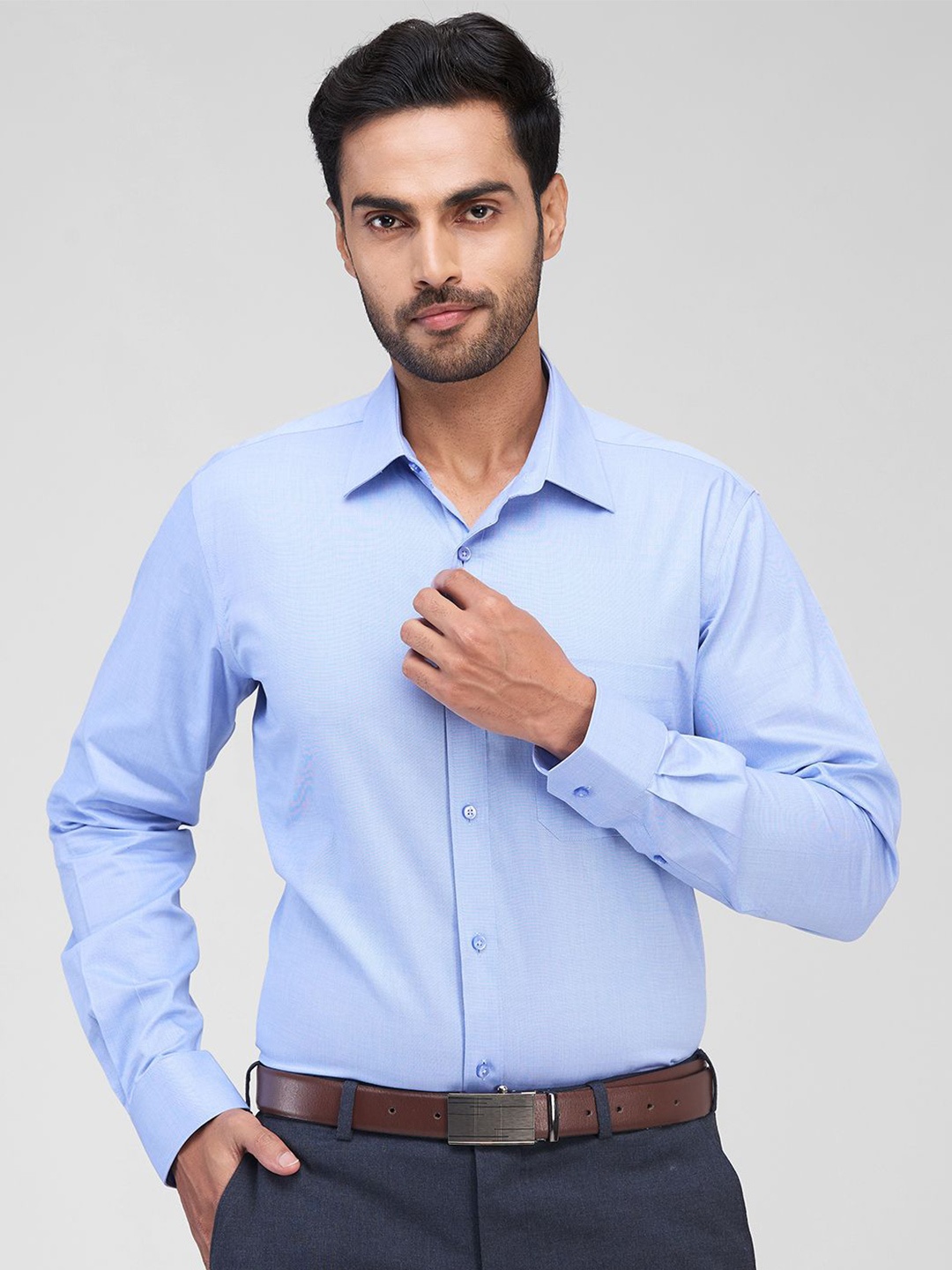 

Raymond Men Contemporary Spread Collar Solid Cotton Formal Shirt, Blue