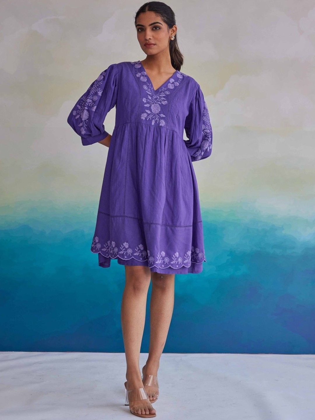 

AUTUMN LANE Women Avanti Embroidered A-Line Knee-Length Ethnic Dresses, Violet