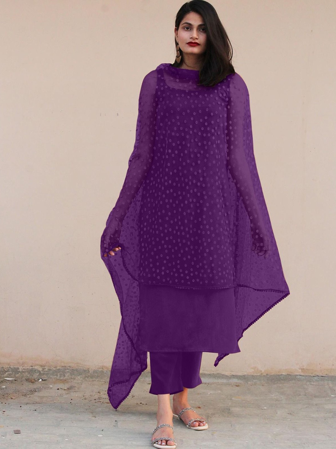 

Aika Round Neck Regular Cotton Silk Straight Kurta with Trousers & Dupatta, Purple