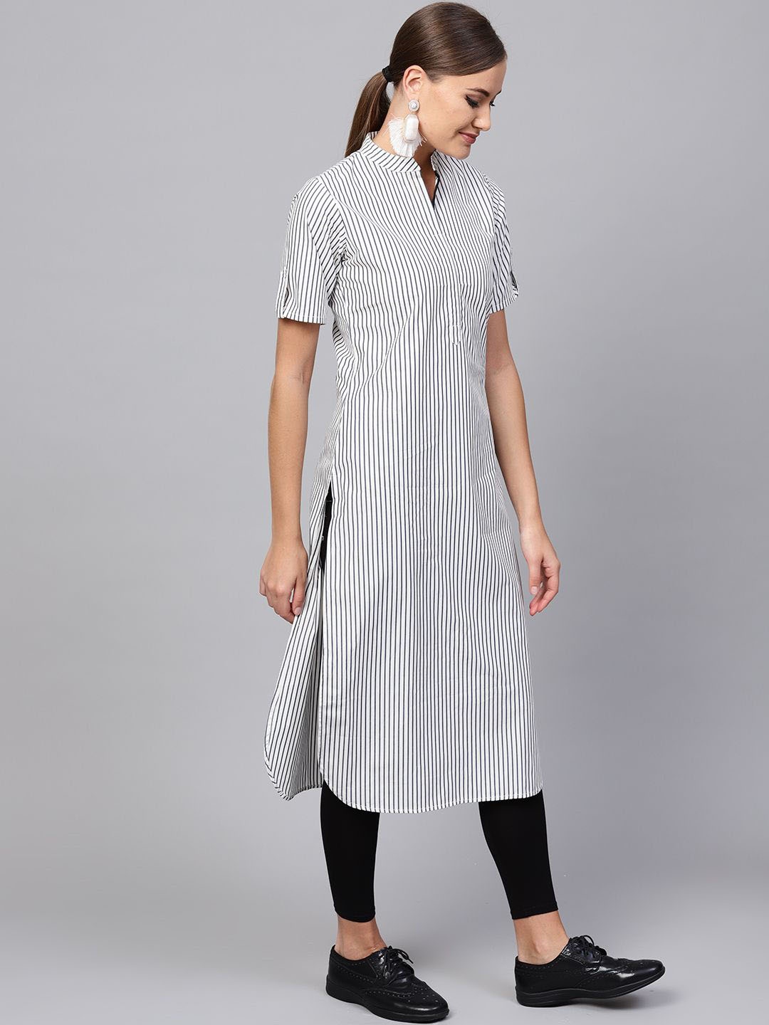 

Anouk White Striped Mandarin Collar Cotton Straight Kurta