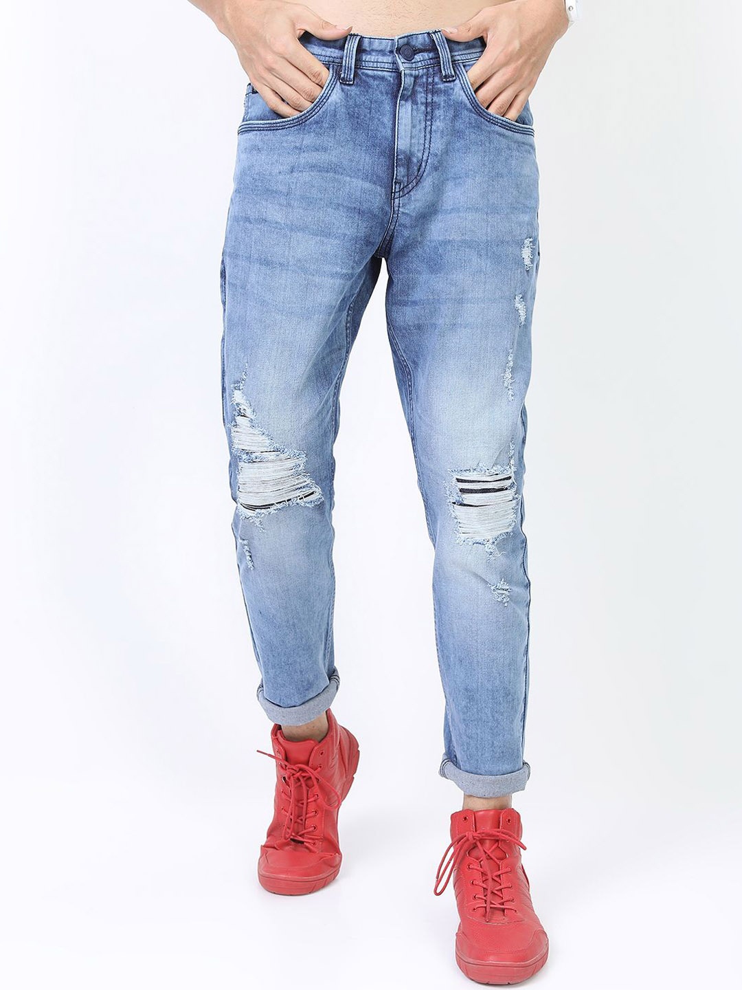 

LOCOMOTIVE Men Tapered Fit Highly Distressed Heavy Fade Stretchable Jeans, Blue