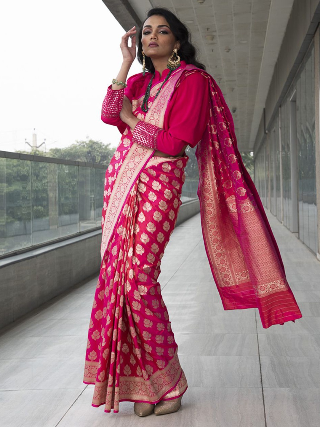 

Neha Tarun Woven Design Ethnic Motifs Zari Pure Silk Saree, Fuchsia