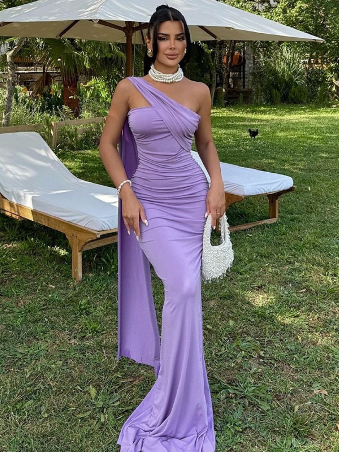 

KPOP Women One Shoulder Bodycon Maxi Dress, Purple