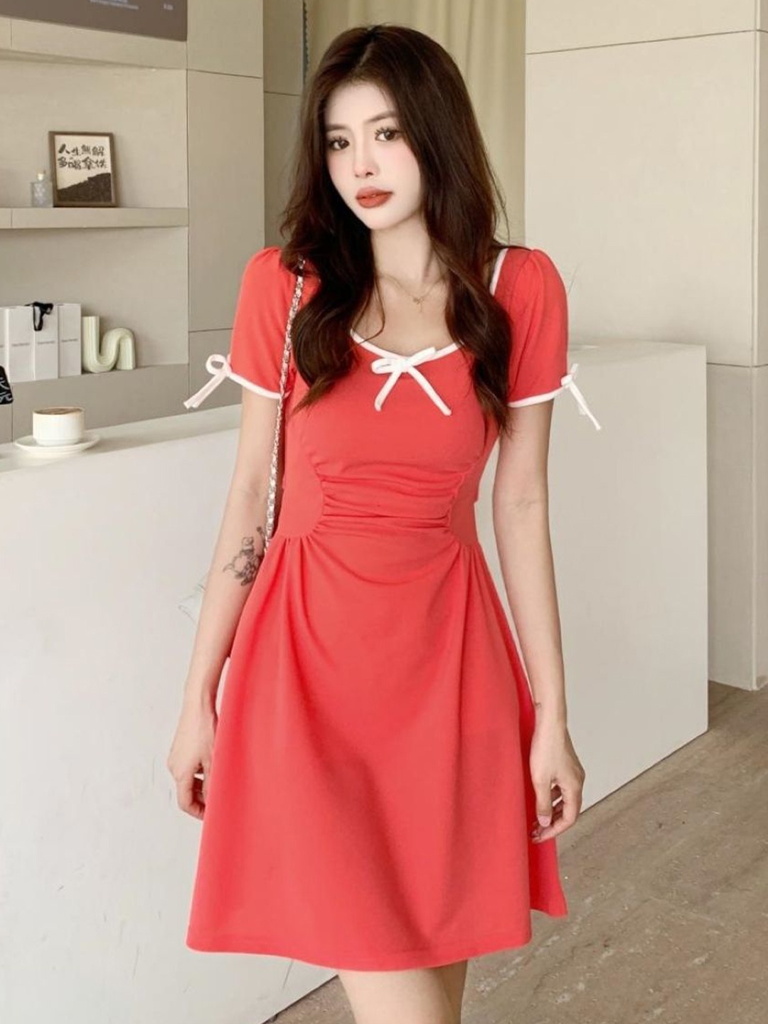 

KPOP Red Round Neck Solid Short Sleeves Cotton A-Line Dress