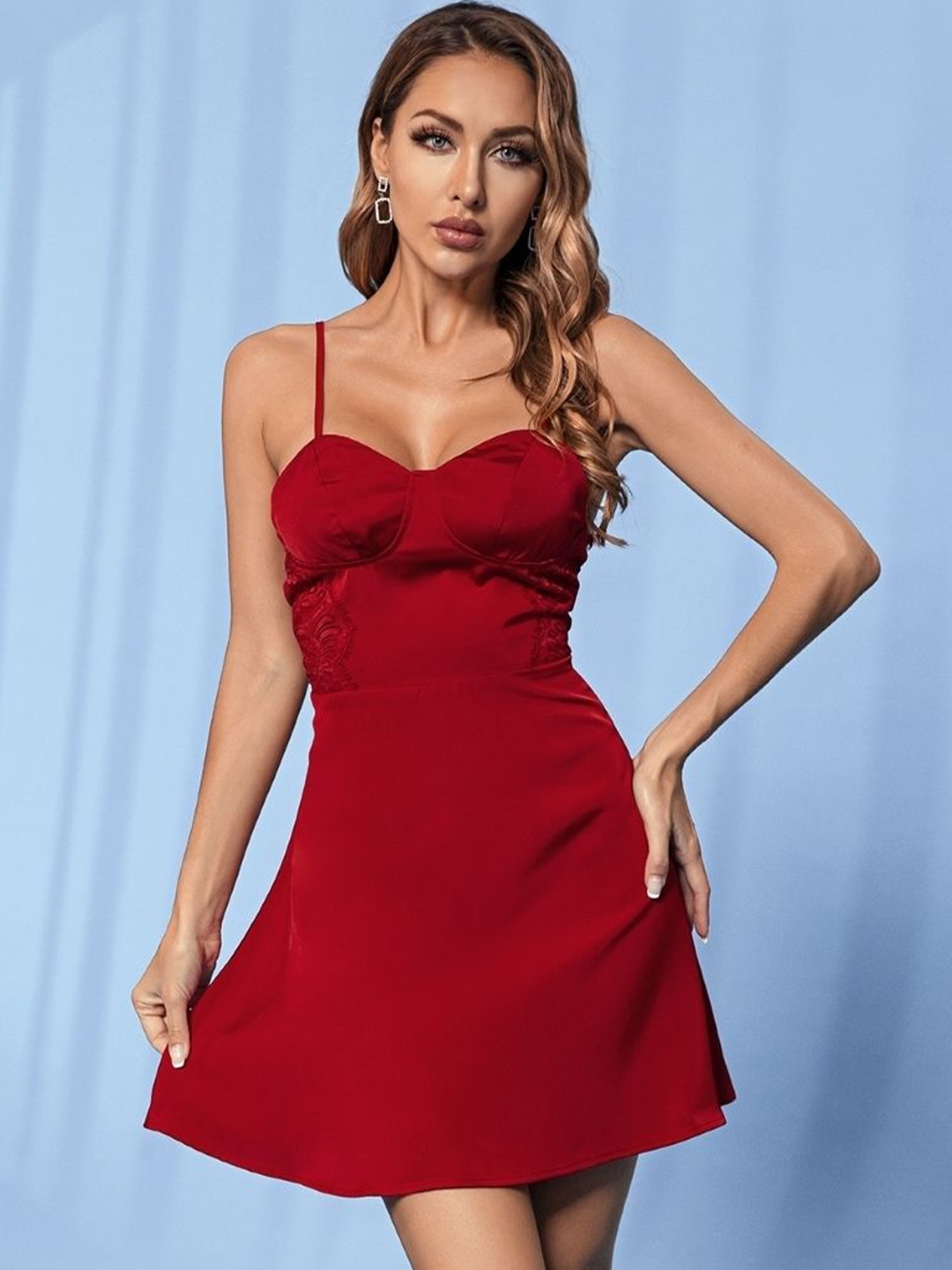 

KPOP Red Shoulder Straps Solid Sleeveless Polyester A-Line Dress