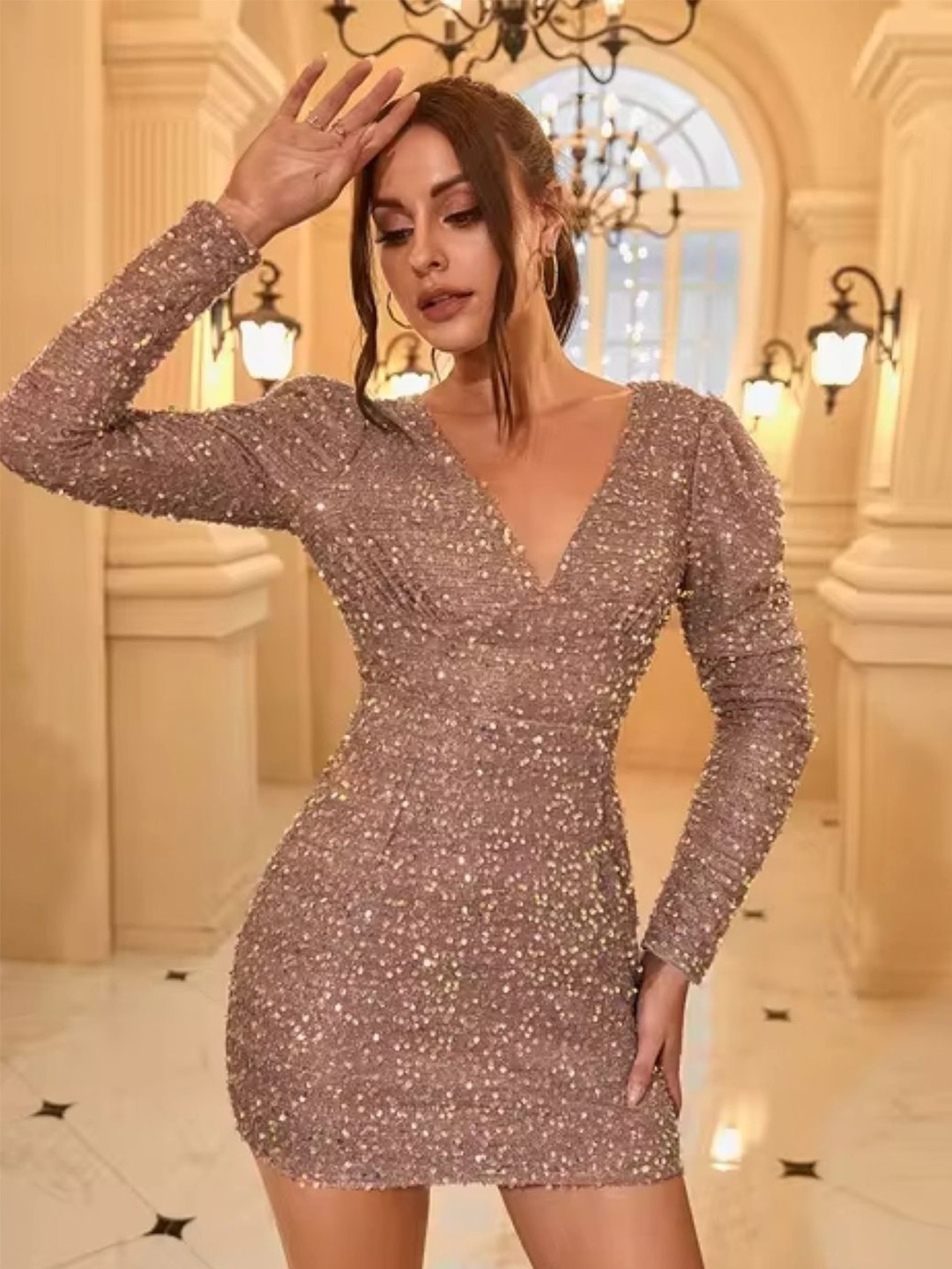 

KPOP Sequin Embellished V-Neck Bodycon Dress, Brown