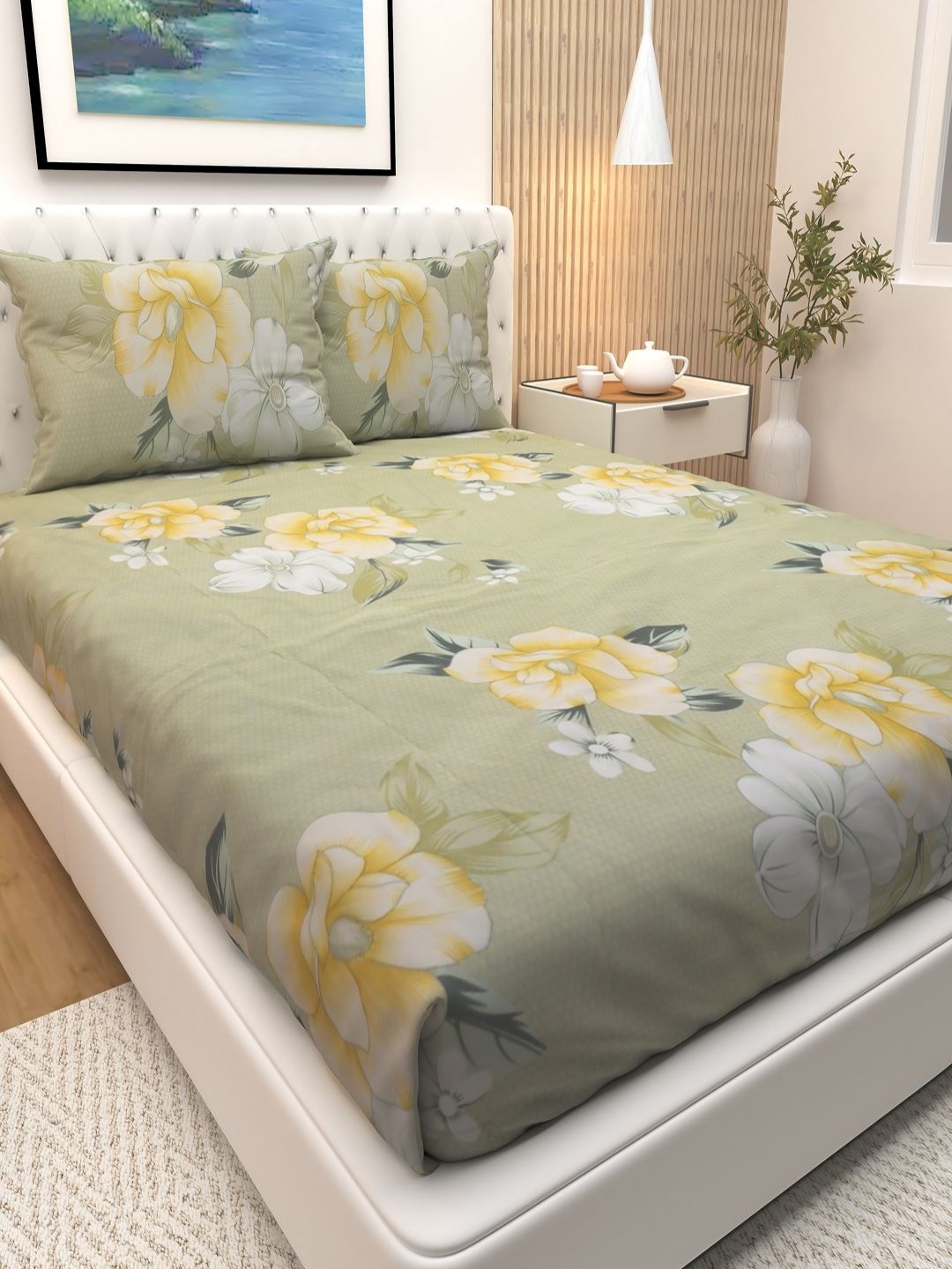 

Athom Living Green & Yellow Floral Printed Cotton 180 TC Queen Bedsheet & 2 Pillow Covers