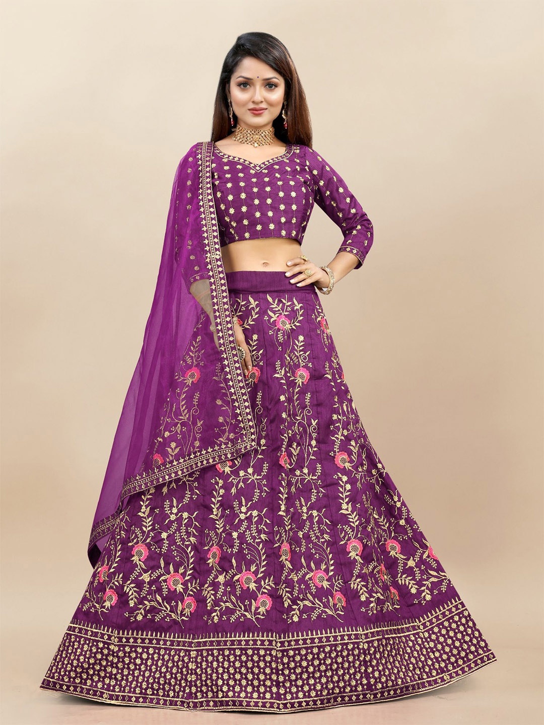 

LADY SHOPI Embroidered Thread Work Semi-Stitched Lehenga & Unstitched Blouse With Dupatta, Purple