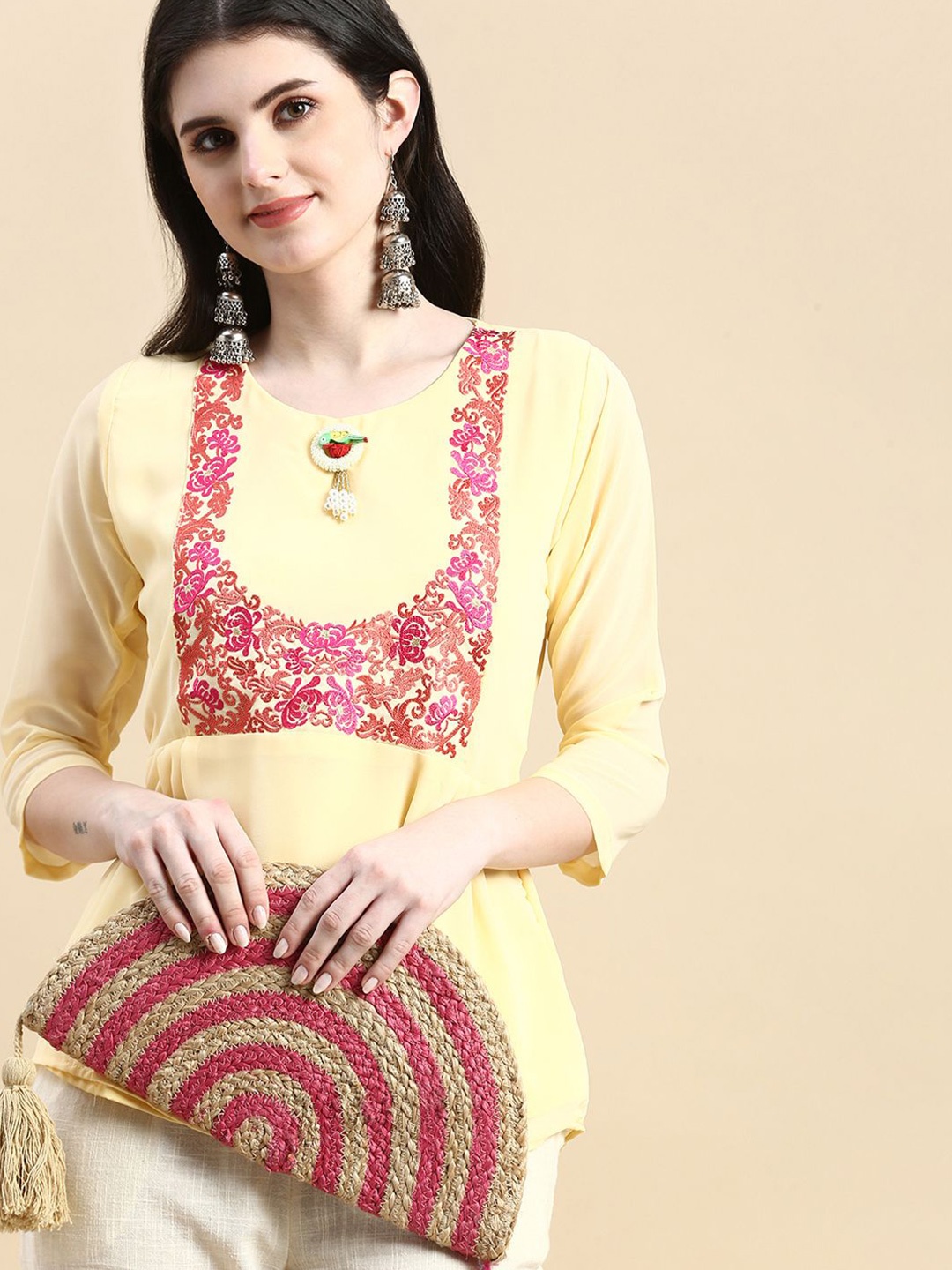 

GRANTH FASHION Women Floral Printed Round Neck Top, Yellow