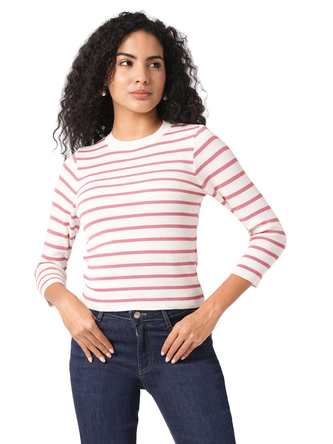 

Kraus Jeans Women Striped Round Neck Cotton Slim Fit T-shirt, White