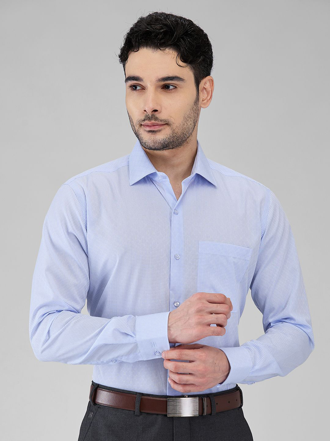 

Raymond Men Contemporary Spread Collar Checked Cotton Formal Shirt, Blue