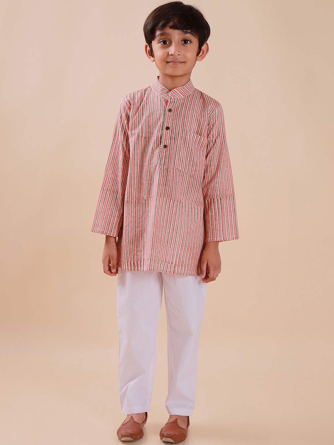 

Sangria Pink & Green Striped Mandarin Collar Pure Cotton Straight Kurta & Trousers