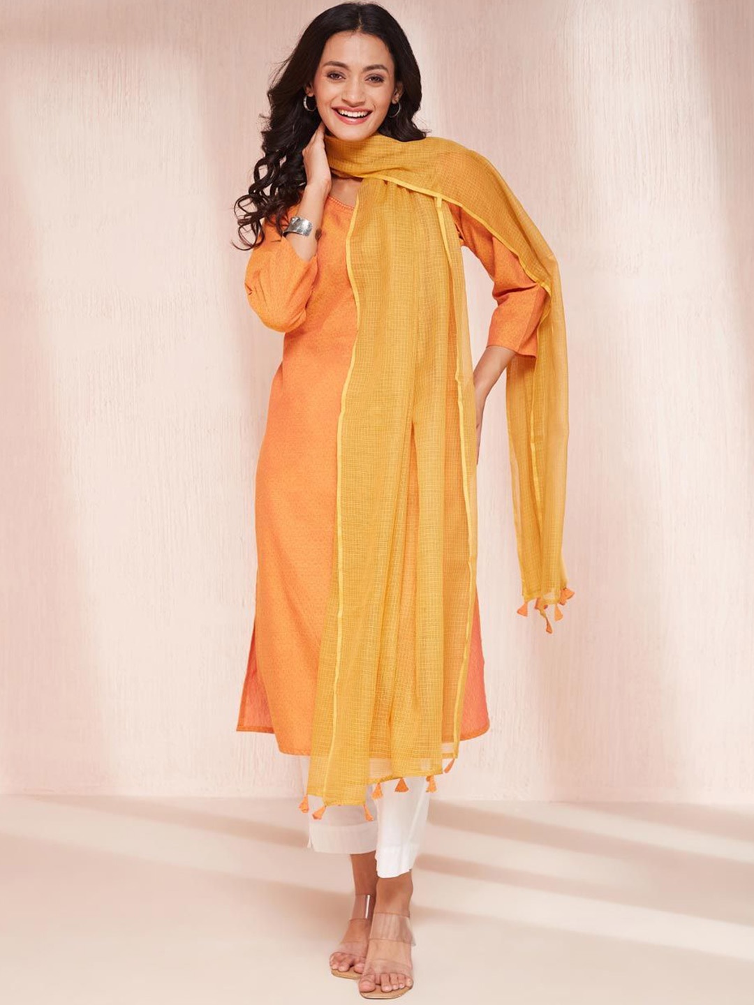

Fabindia Embroidered Thread Work Orange Cotton Kurta & Dupatta