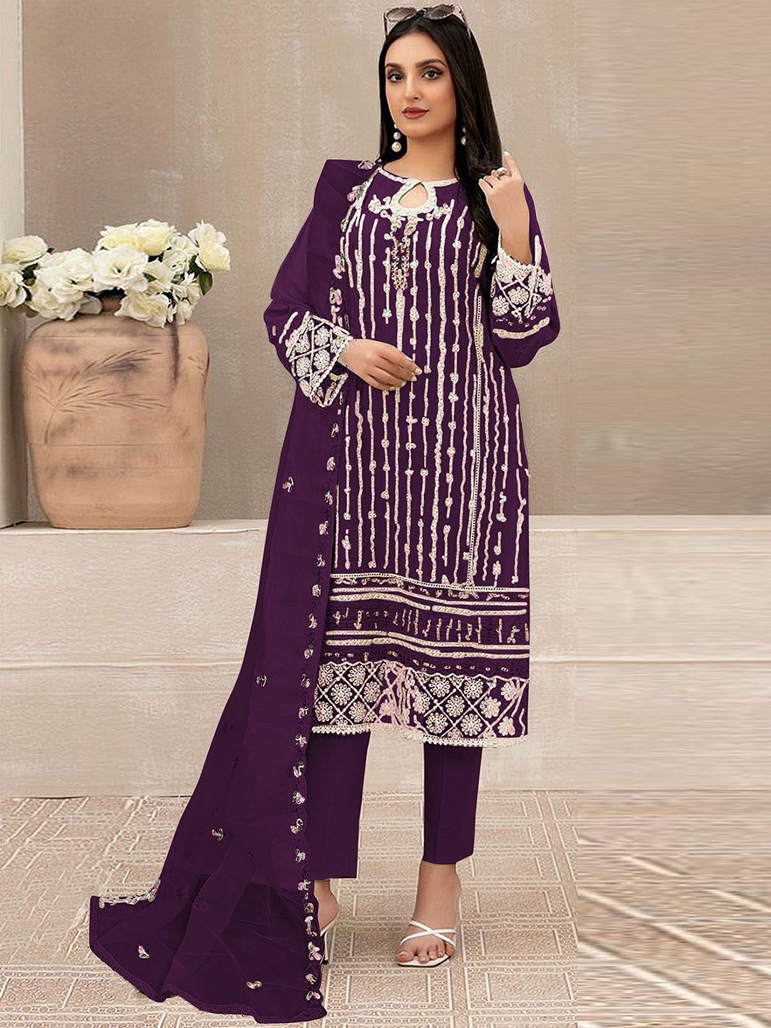 

ODETTE Floral Embroidered Kurta with Trousers & Dupatta, Purple