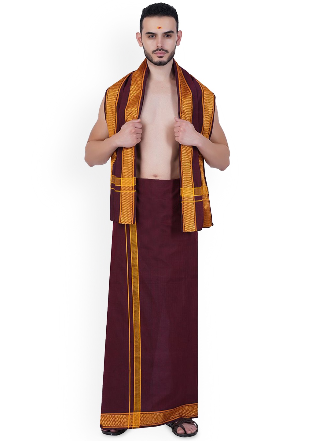 

Ethazh Men Solid Dhotis and Angavastram Set, Maroon