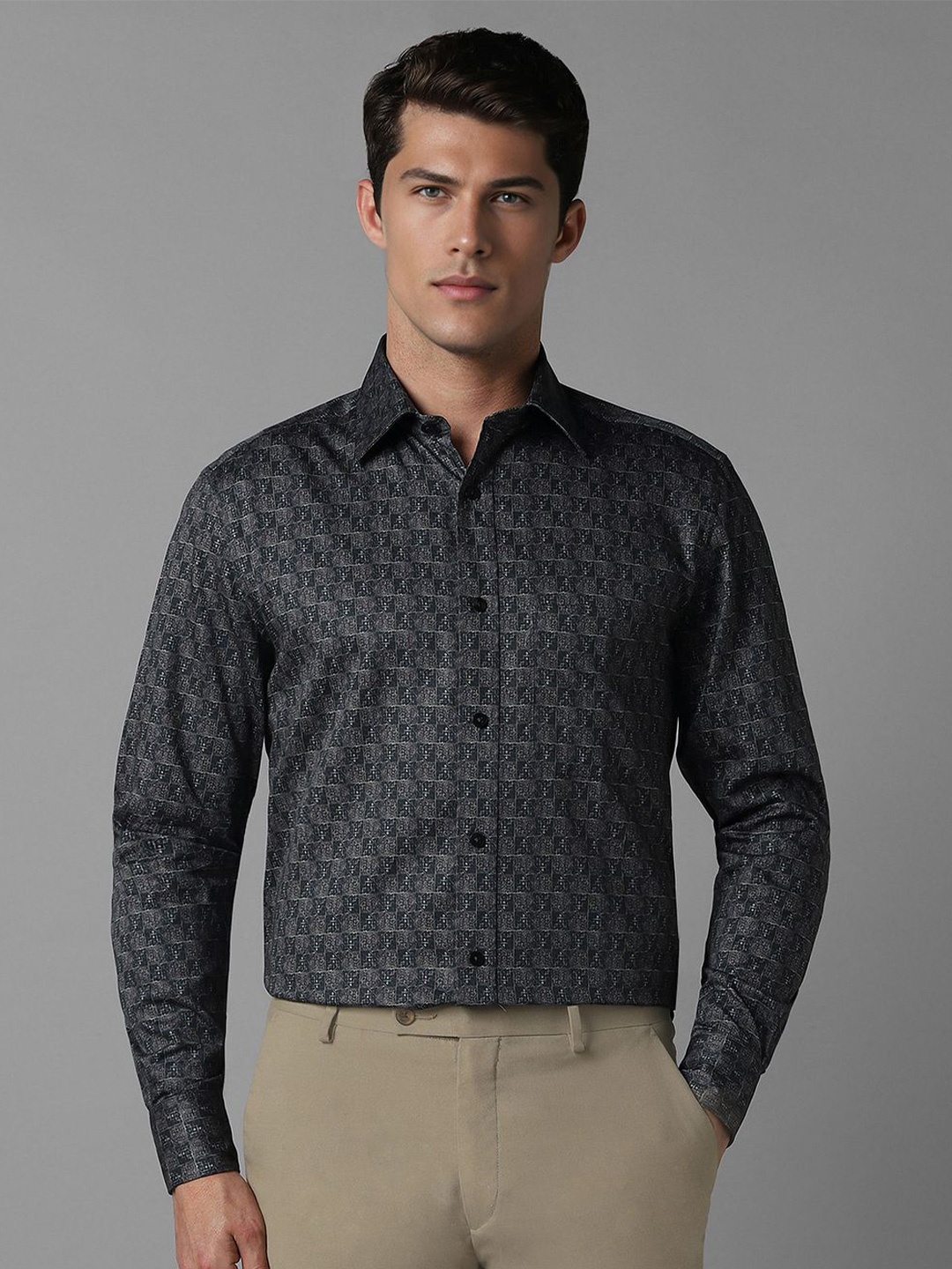

Louis Philippe Men Spread Collar Abstract Printed Cotton Formal Shirt, Grey