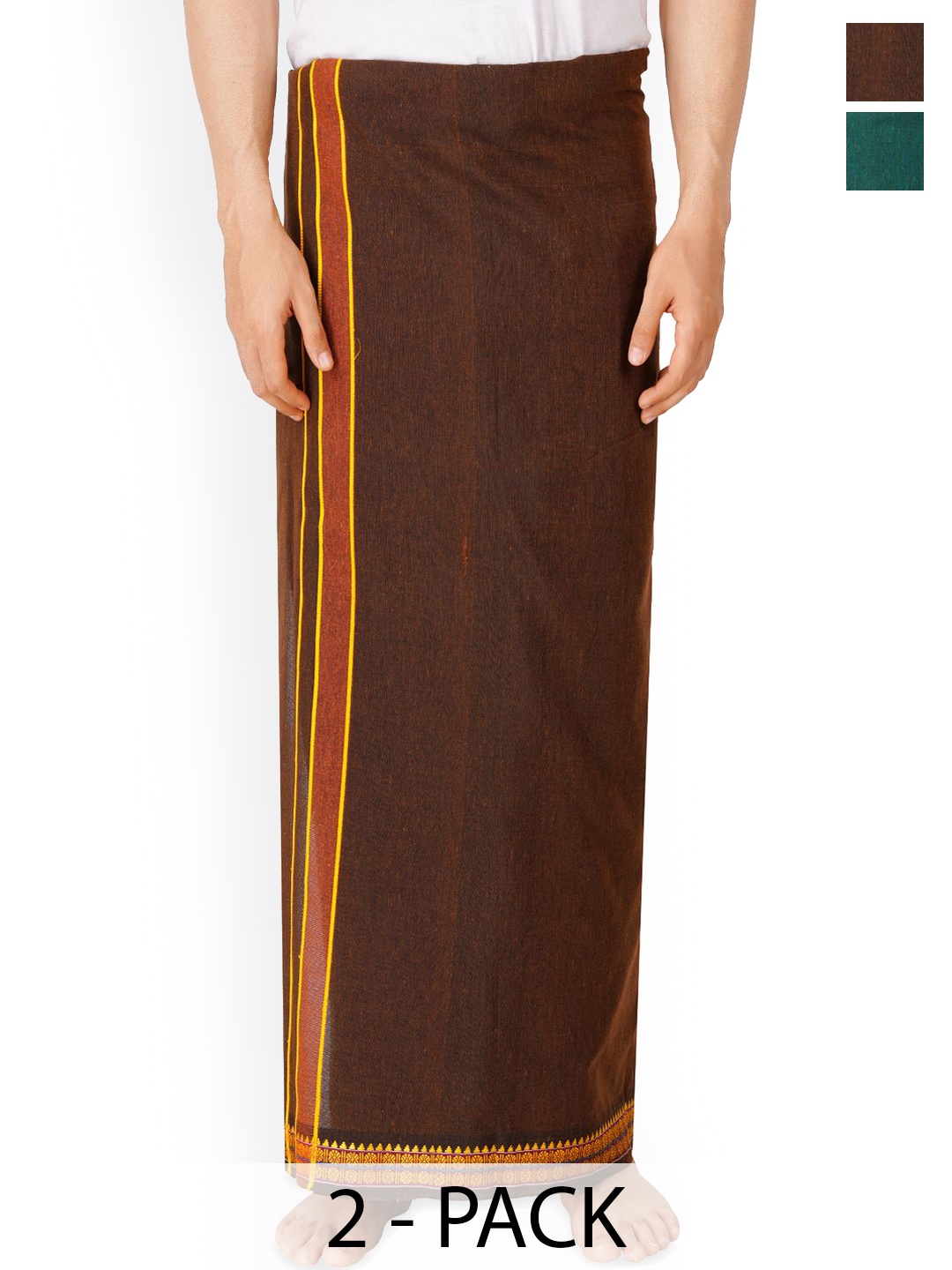 

Ethazh Pack Of 2 Men Dhotis With Matching Contrast Border, Green