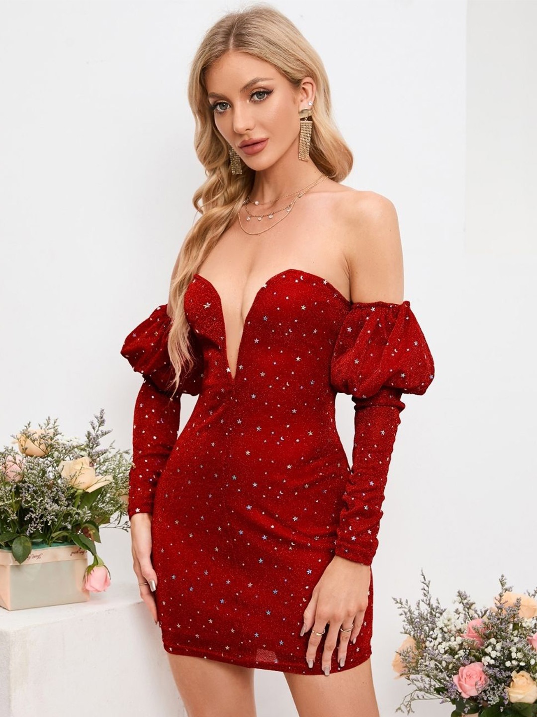 

KPOP Women Solid V-Neck Long Sleeves Bodycon Dress, Red