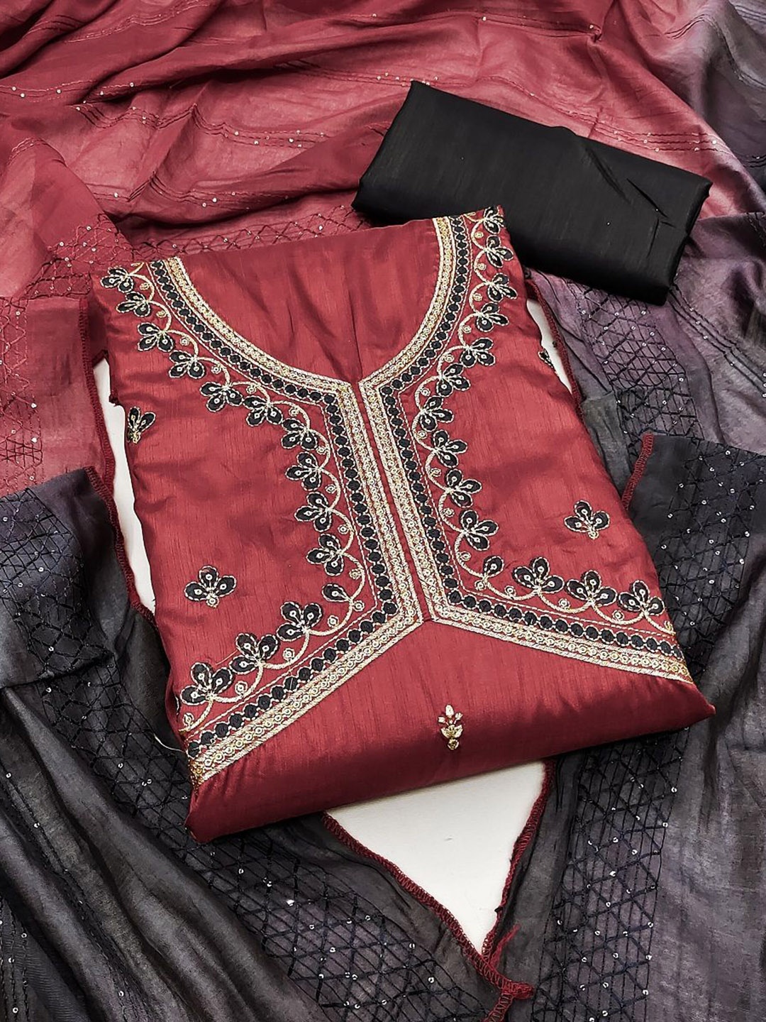 

Aika Sequinned Embellished Pure Silk Unstitched Dress Material, Maroon