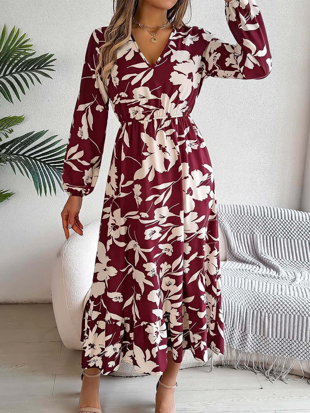 

HERE&NOW Women Floral Prined Puff Sleeves Fit and Flare Midi Dress, Maroon