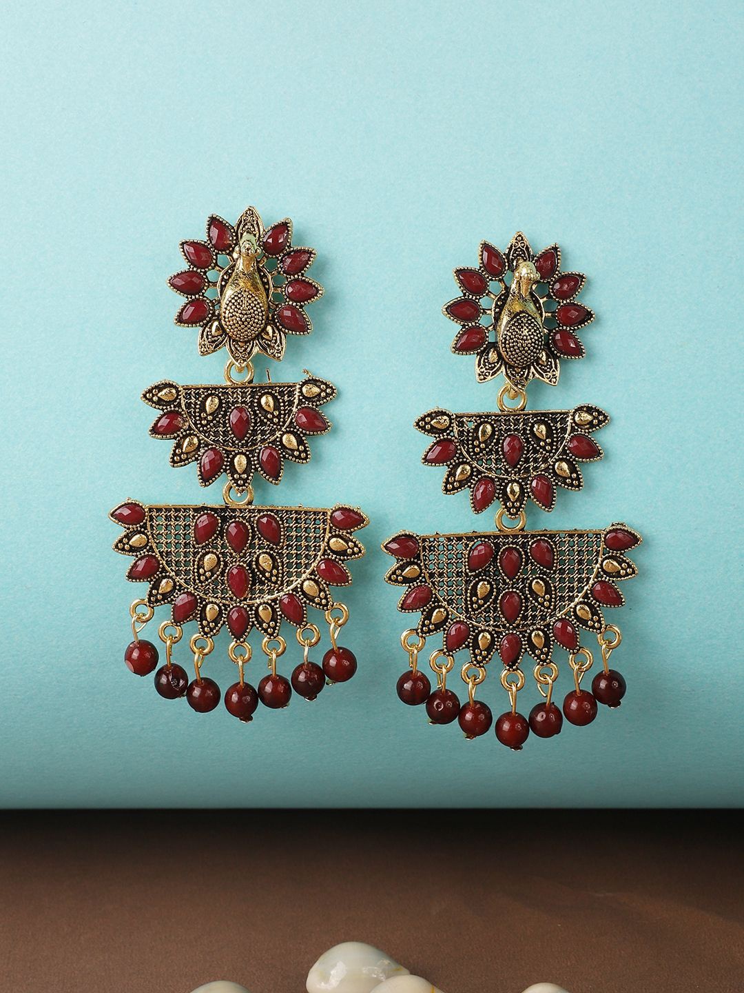 

ANIKAS CREATION Gold-Plated Stone Studded Contemporary Drop Earrings, Maroon