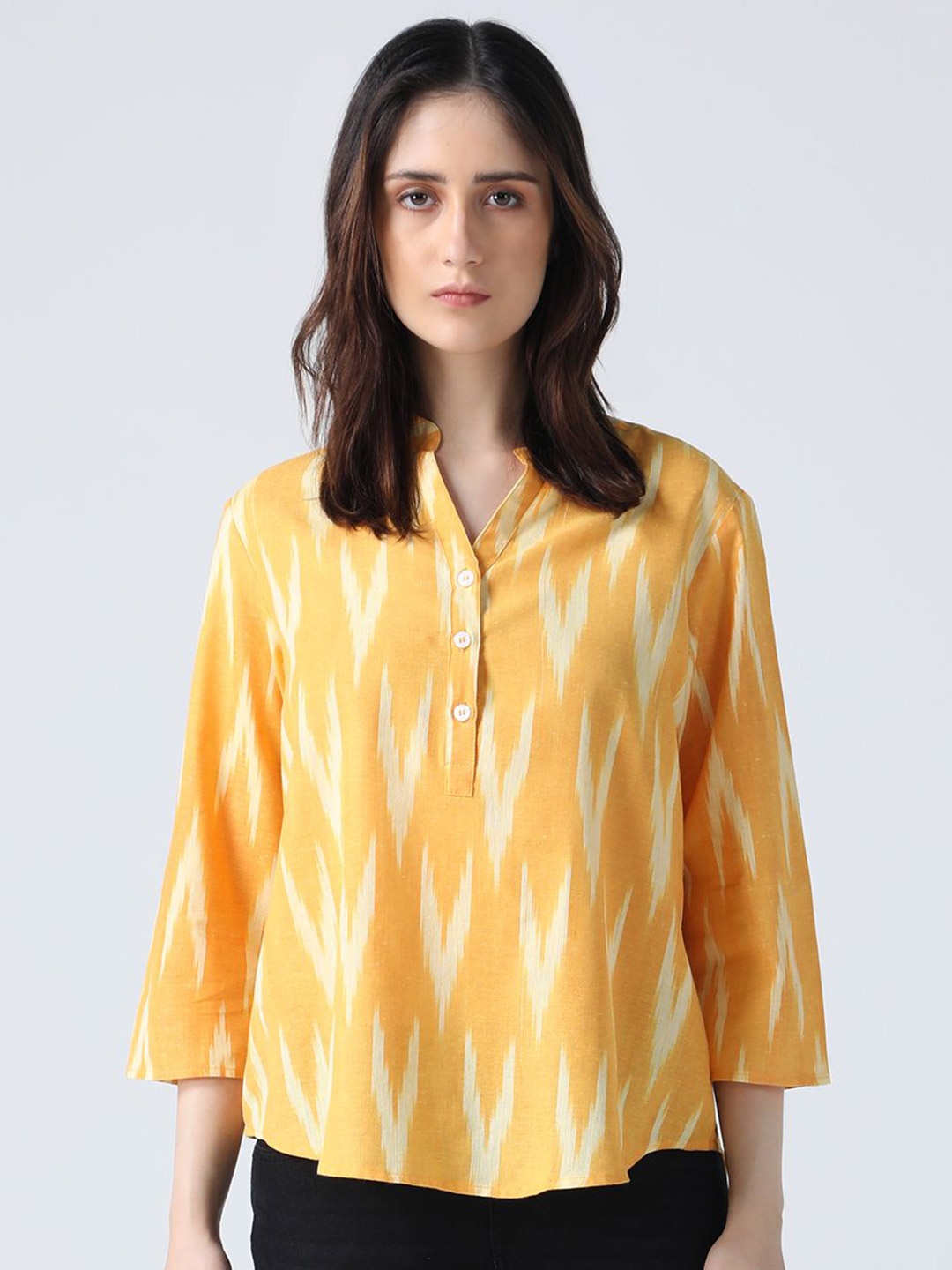 

IDK Women Abstract Printed Mandarin Collar Cotton Top, Mustard