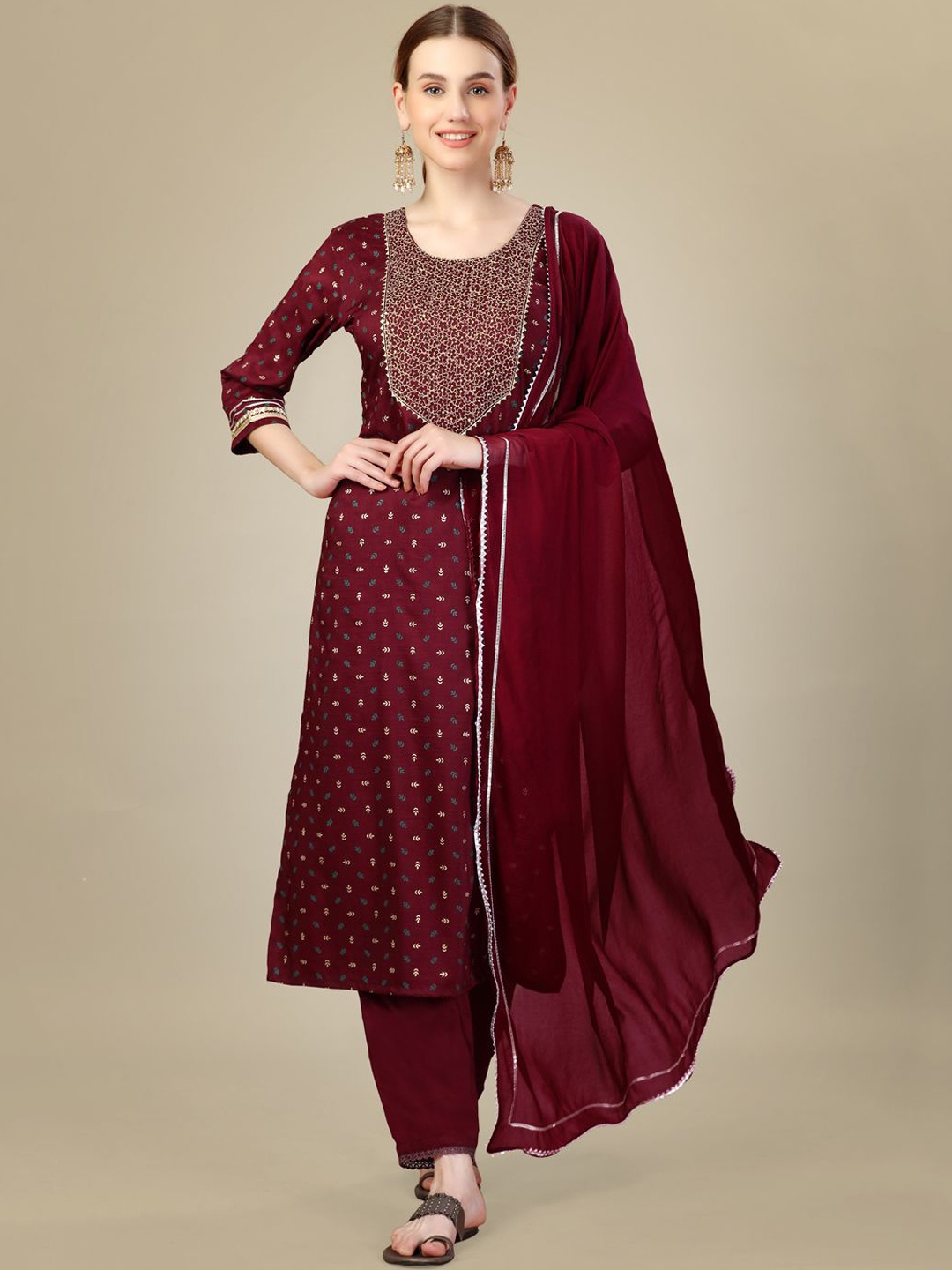 

KAYOMMI Ethnic Motifs Embroidered Gotta Patti Kurta with Trousers & Dupatta, Maroon