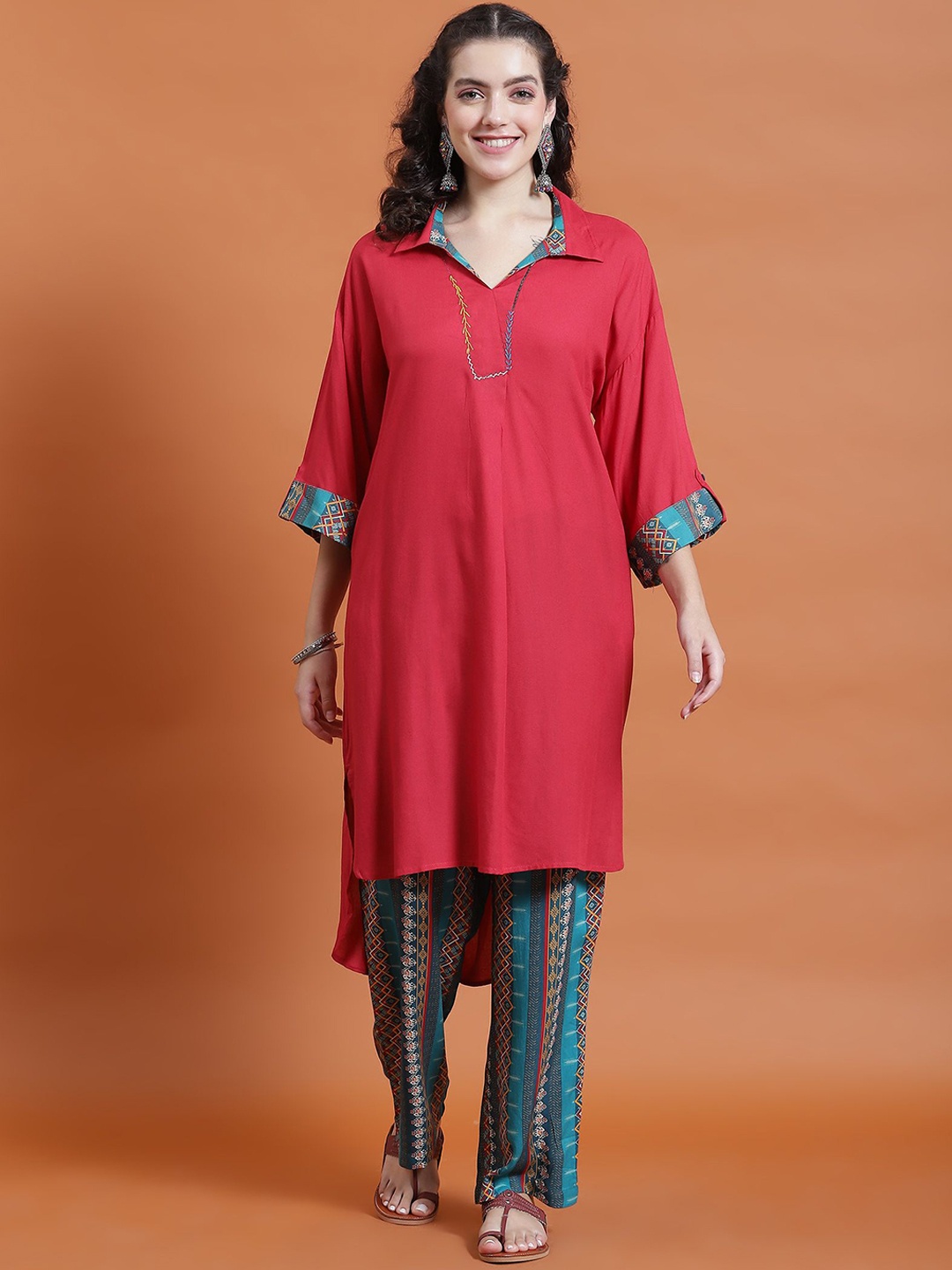 

Shree Shirt Collar Tunic With Trouser, Red