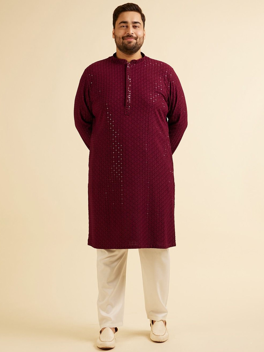 

Manyavar Plus Size Ethnic Motifs Embroidered Sequinned Kurta with Pyjama, Maroon