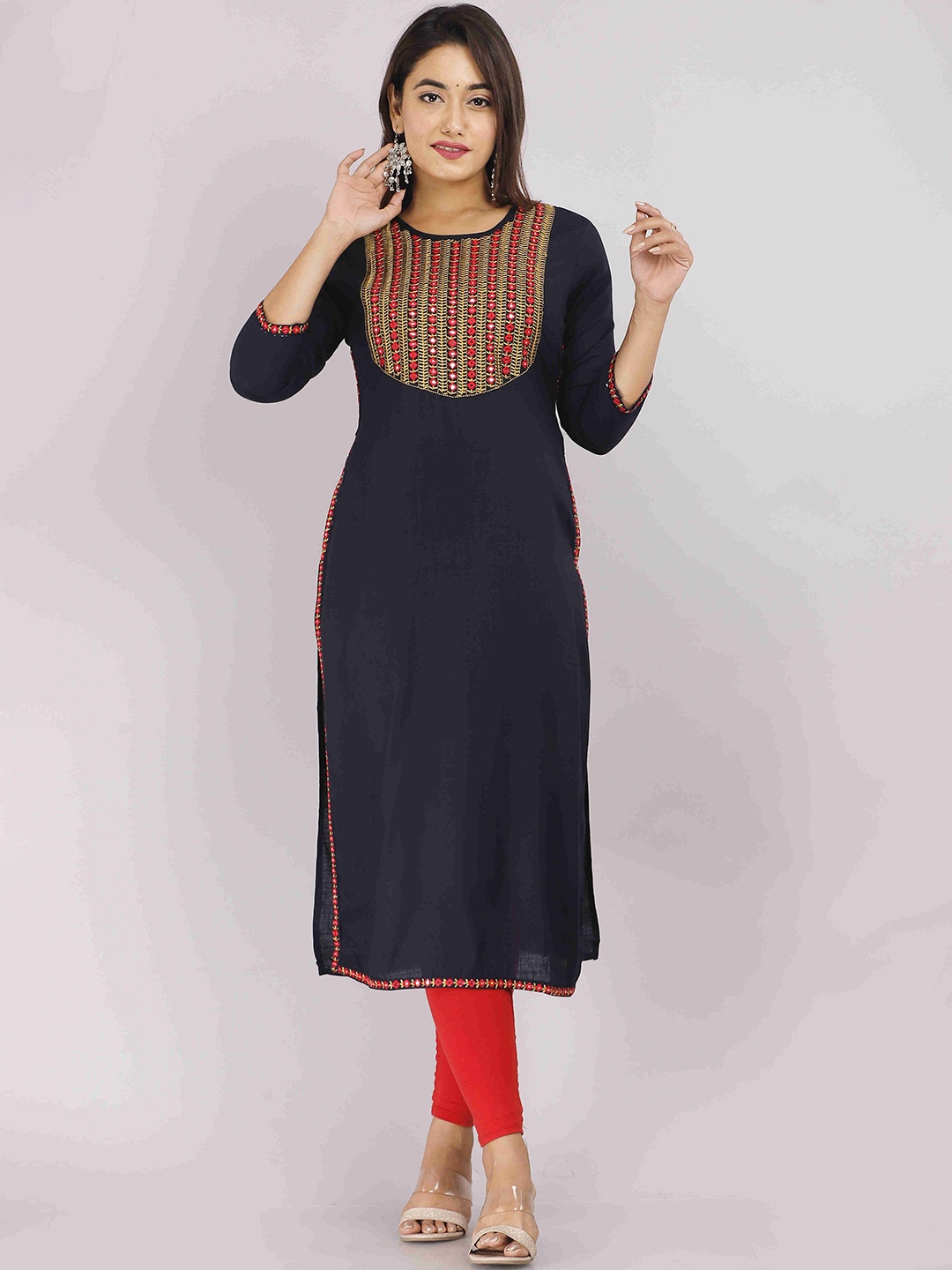 

STYLE ANGEL Embroidered Yoke Design Mirror Work Round Neck Straight Kurta, Blue