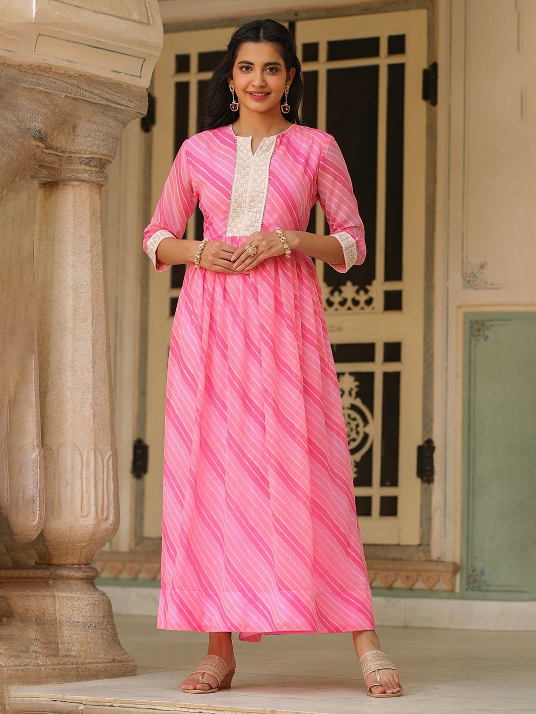 

SCAKHI Leheriya Printed Georgette Maxi Ethnic Dress, Pink