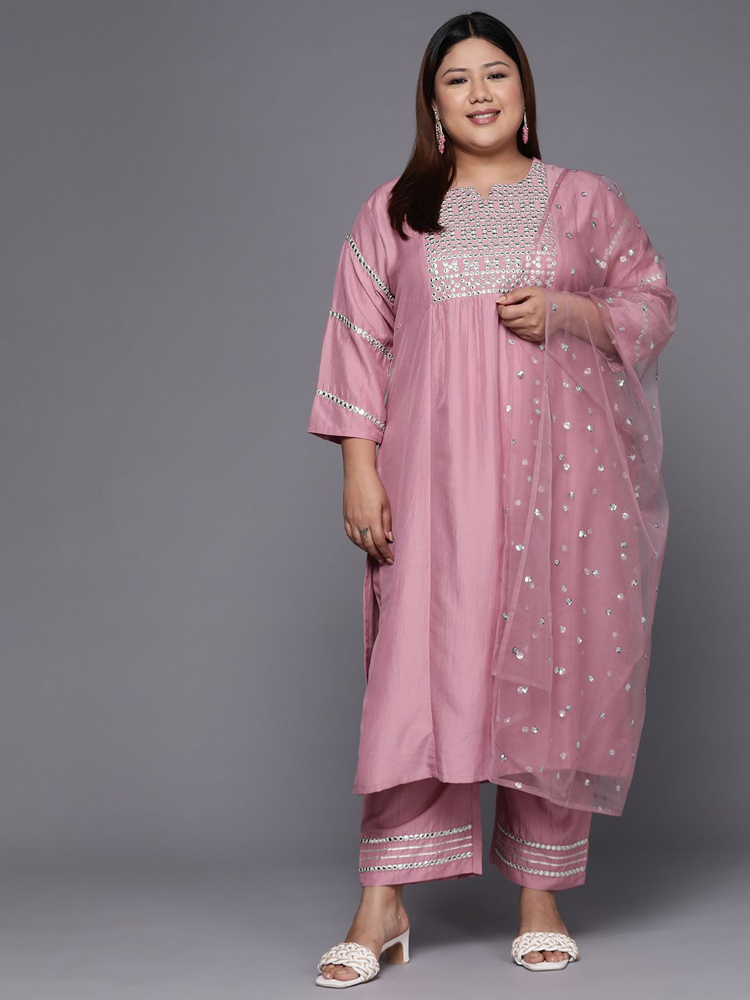 

Sztori Plus Size Ethnic Motifs Embroidered Mirror Work Straight Kurta & Trousers & Dupatta, Pink