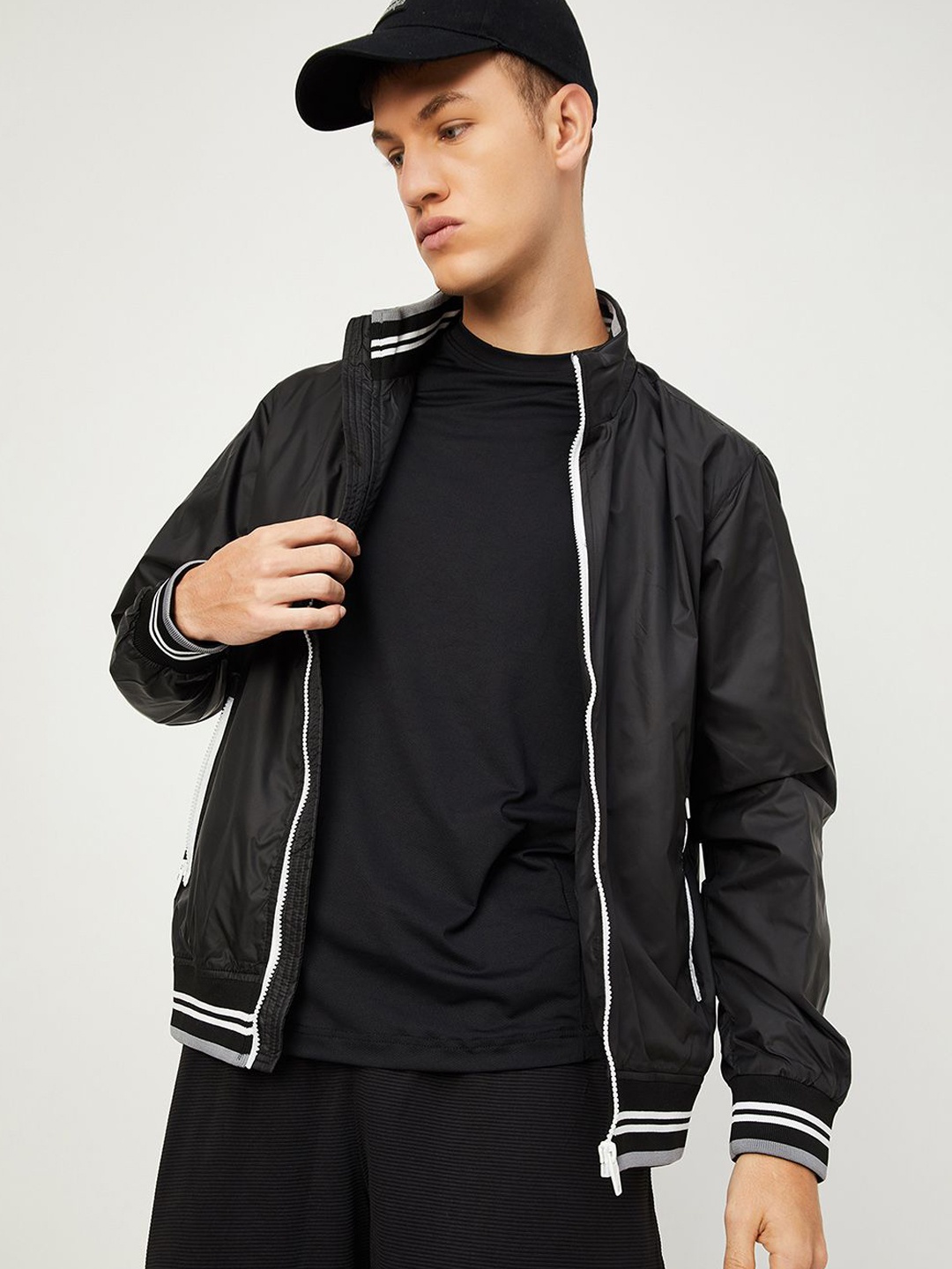 

max Men Solid Bomber with Patchwork Jacket, Black