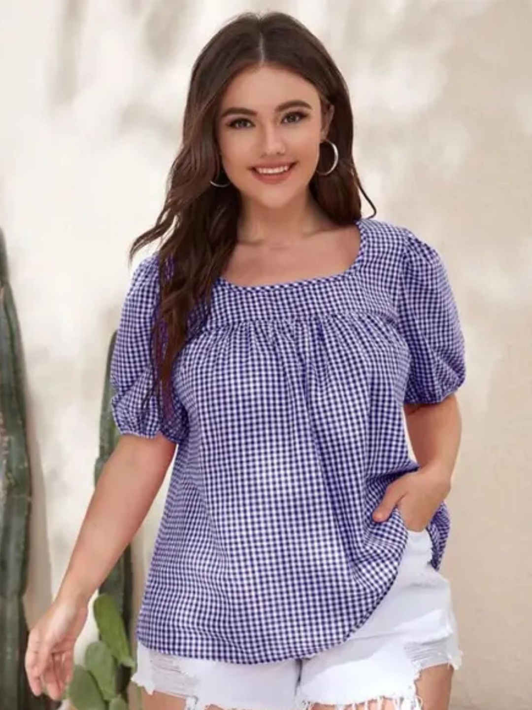 

KPOP Women Checked Round Neck Top, Purple