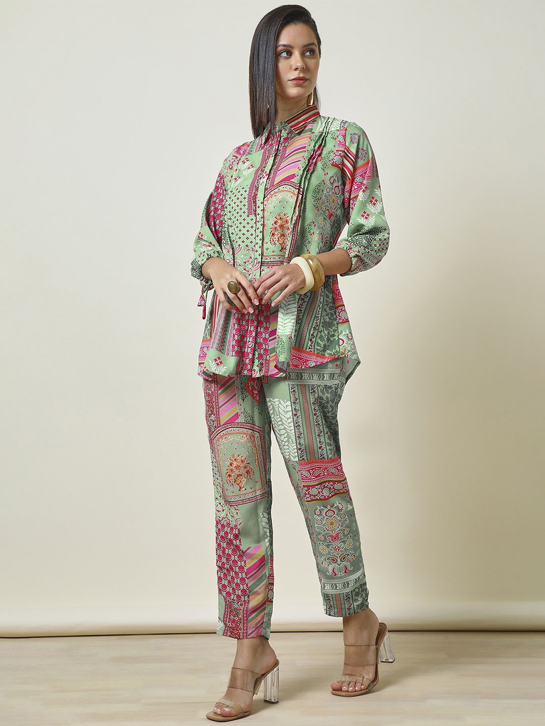 

Soch Ethnic Motifs Printed Shirt Collar Shirt With Trouser, Green
