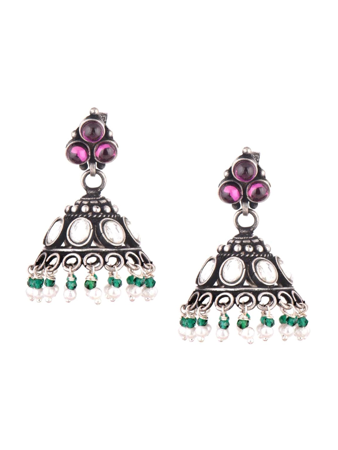 

Indianshelf 92.5 Sterling Silver Contemporary Stone Studded & Beaded Jhumkas