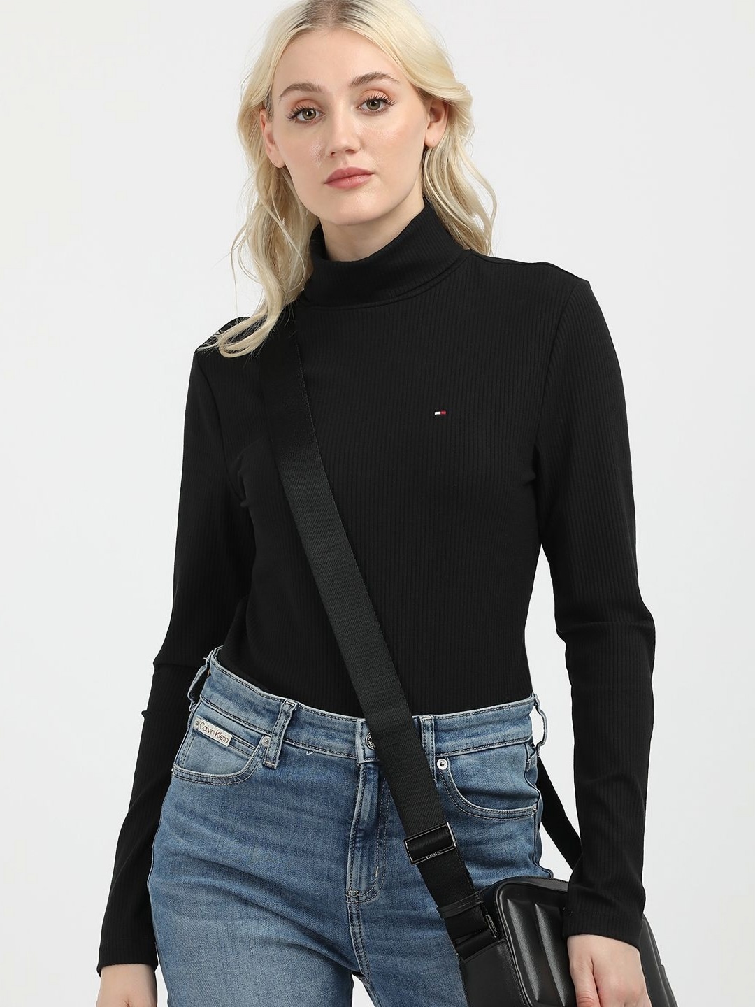 

Tommy Hilfiger Women Brand Logo Printed High Neck Slim Fit T-shirt, Black