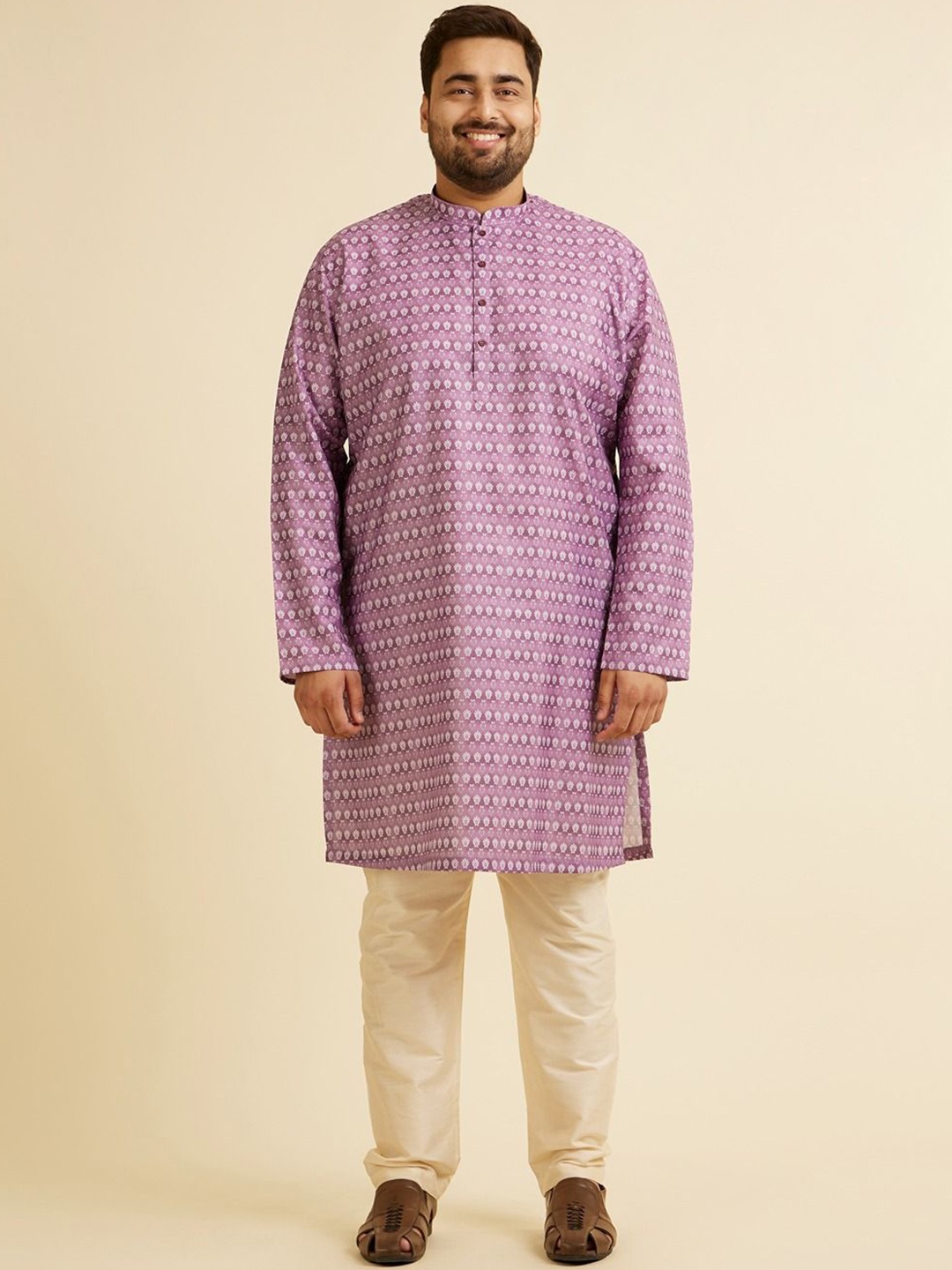 

Manyavar Plus Size Floral Printed Mandarin Collar Straight Kurta, Purple
