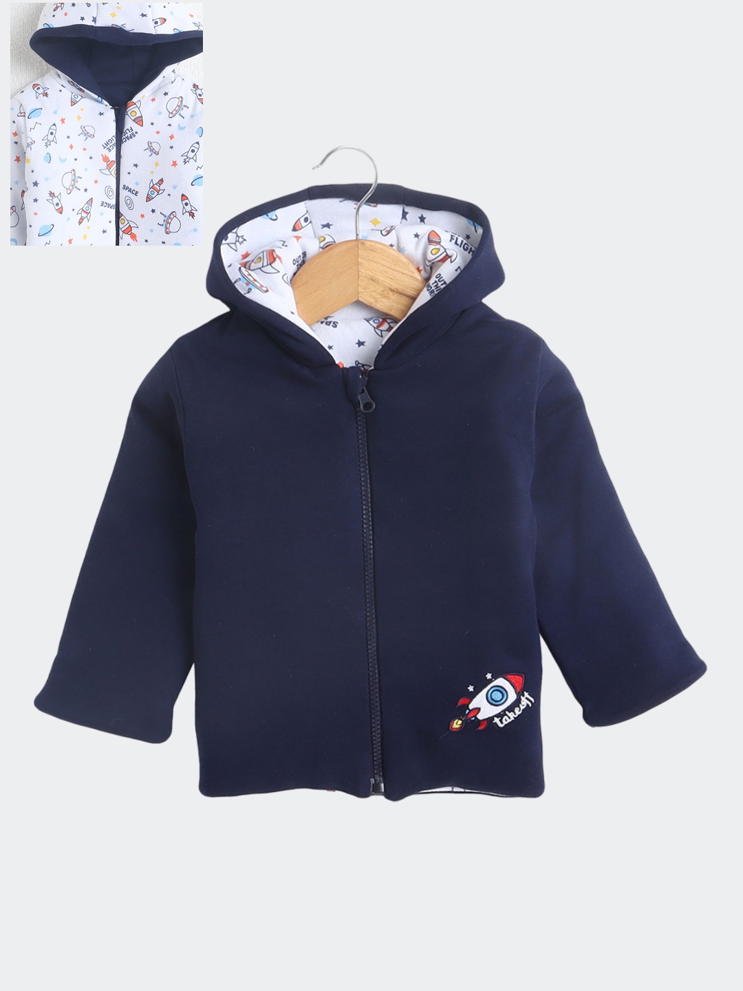 

BUMZEE Boys Reversible Conversational Printed Padded Jacket, Navy blue