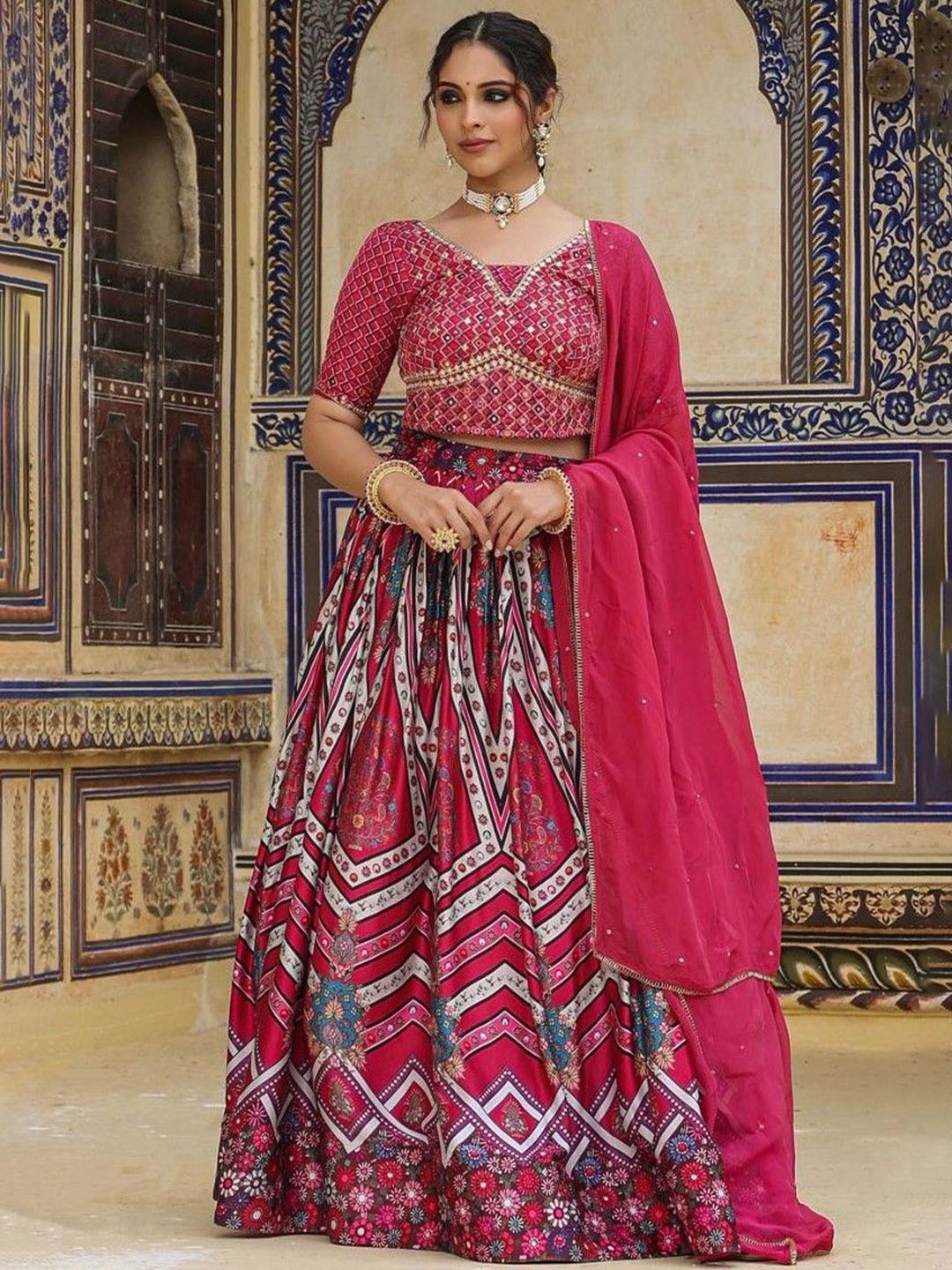 

SCAKHI Printed Mirror Work Satin Ready to Wear Lehenga & Blouse With Dupatta, Maroon